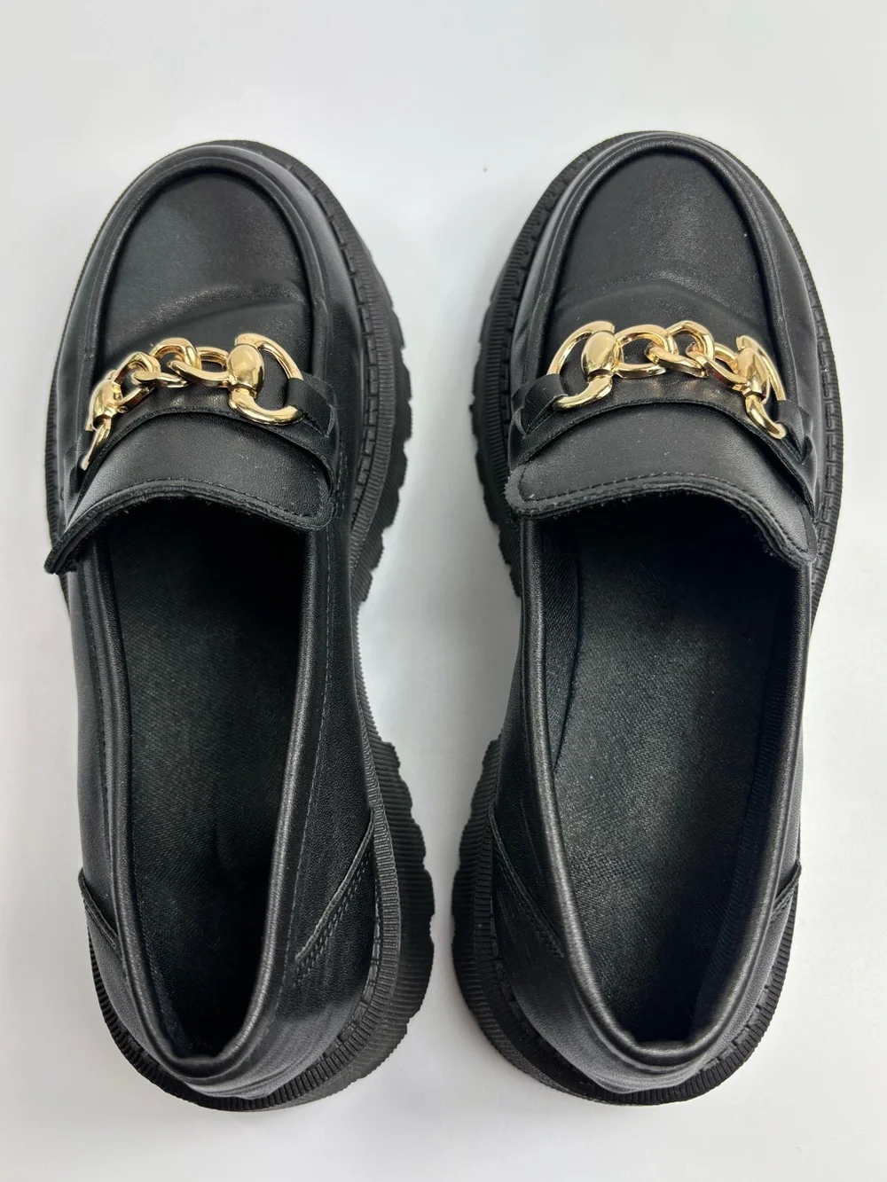 Chunky Black Faux Leather Loafers Flats Gold Metal Buckle US 9 EU 40